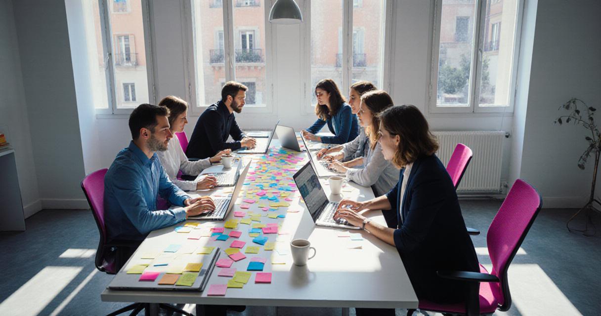 Team HR creativo che collabora in un ufficio moderno e colorato